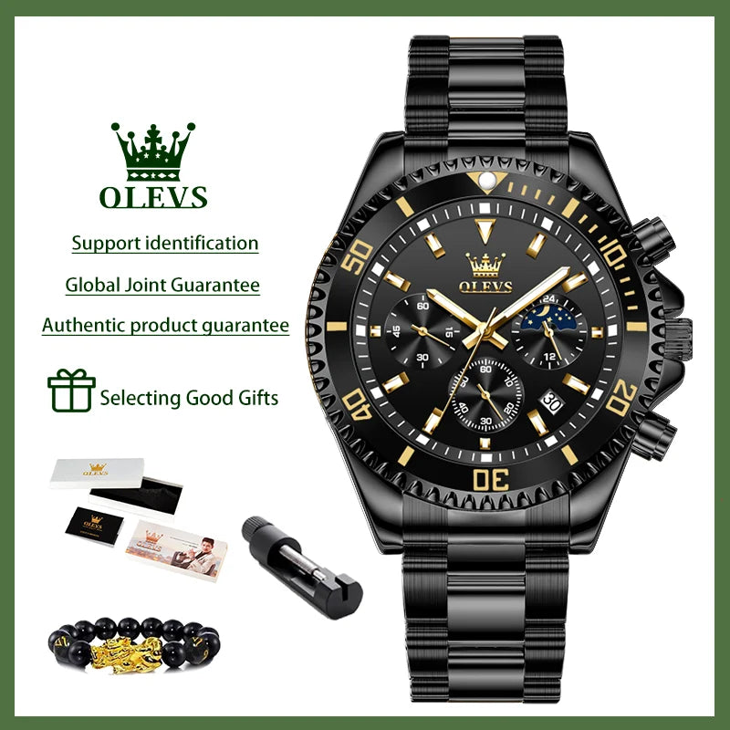 2870 Men's Luxury Chronograph Watch with Moon Phase and Calendar - Original Quartz Steel Timepiece with Large Rotating Dial