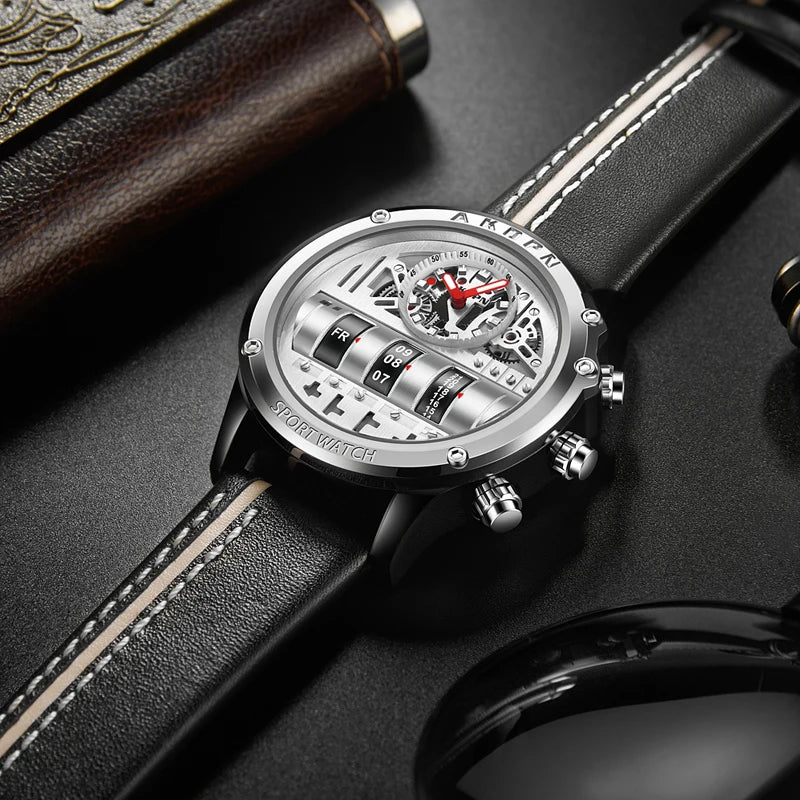 Men's Luxury Electronic Quartz Business Watch with Unique Rotating Date and Leather Strap
