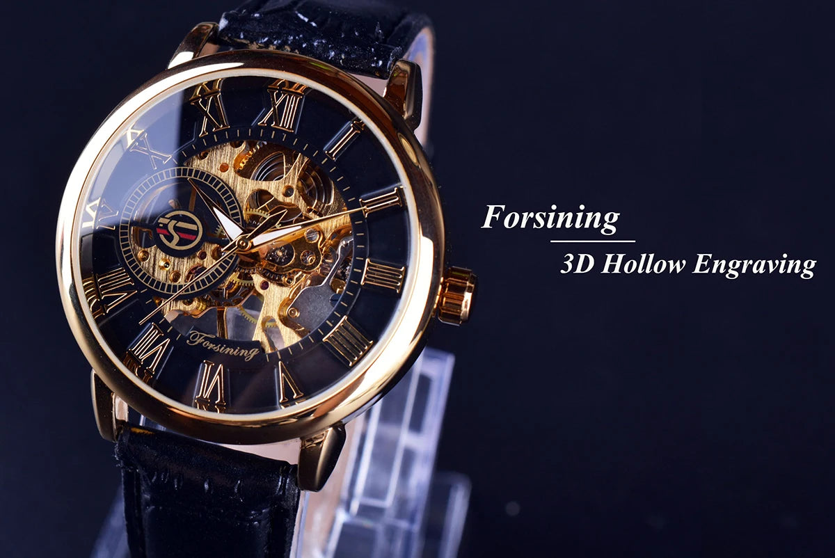 Luxury Men's Skeleton Mechanical Watch with 3D Logo Design and Hollow Engraving in Black and Gold Leather Case