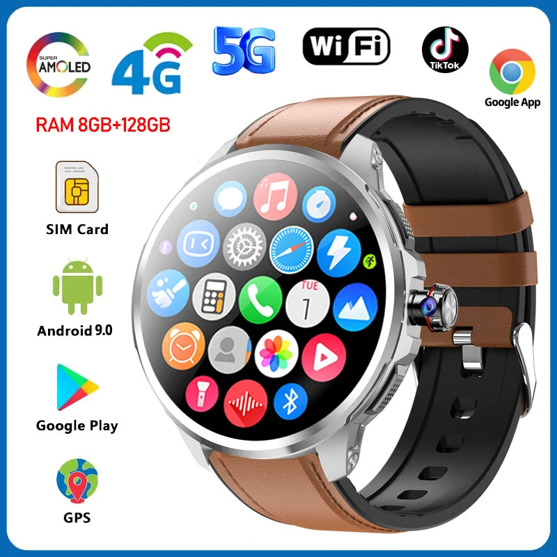 5G Smartwatch with 1.95-Inch HD Display, 720x720 Resolution, 8GB RAM, 128GB Storage, Video Call Capability, Google Play, WiFi, GPS, and SIM Card Support