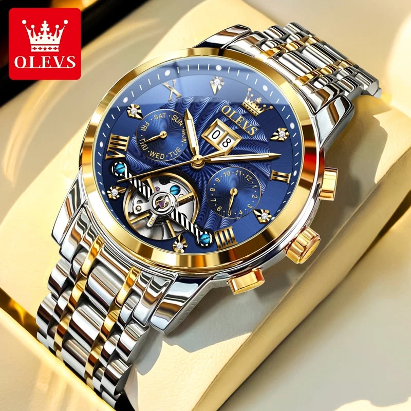 9910 Men's Luxury Automatic Mechanical Watch with Dual Calendar, Waterproof and Luminous Features, Includes Watch Box