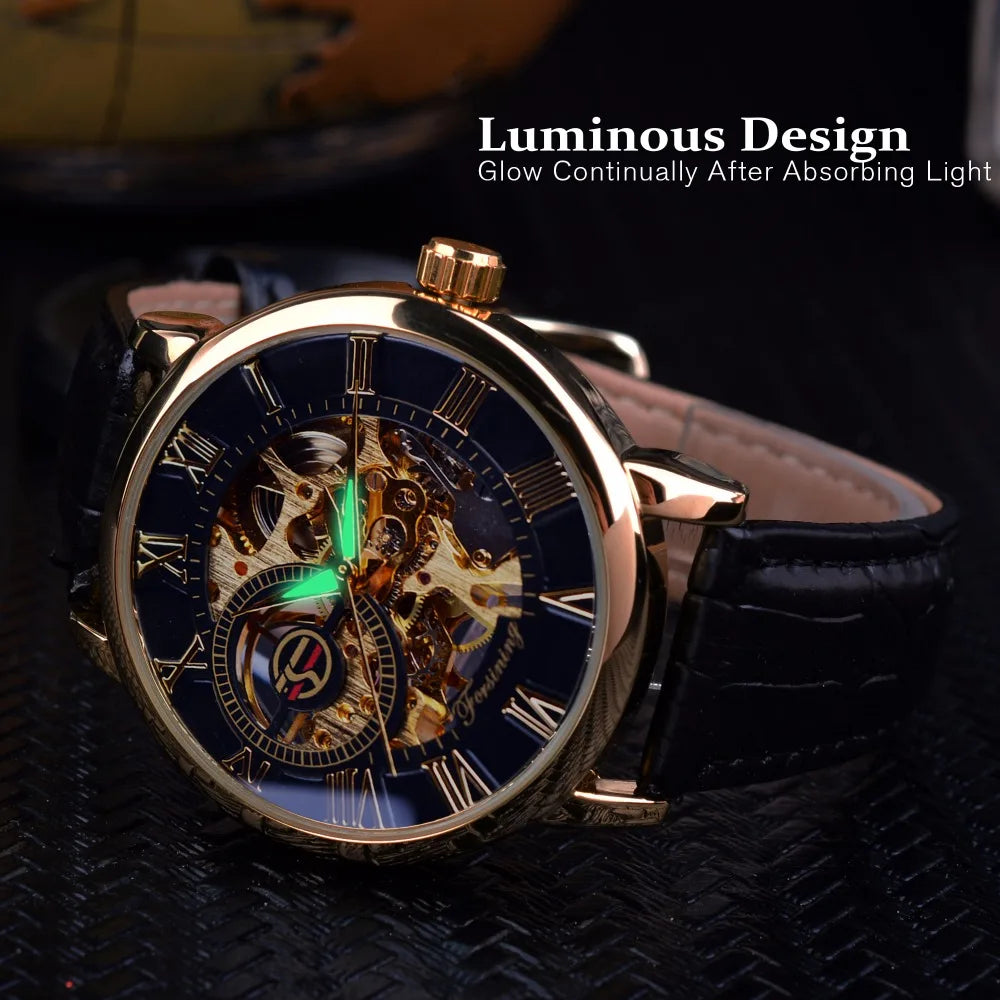 Luxury Men's Skeleton Mechanical Watch with 3D Logo Design and Hollow Engraving in Black and Gold Leather Case