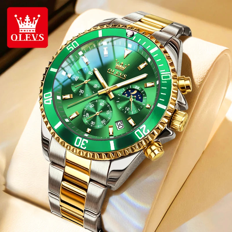 2870 Men's Luxury Chronograph Watch with Moon Phase and Calendar - Original Quartz Steel Timepiece with Large Rotating Dial