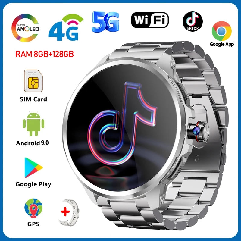 5G Smartwatch with 1.95-Inch HD Display, 720x720 Resolution, 8GB RAM, 128GB Storage, Video Call Capability, Google Play, WiFi, GPS, and SIM Card Support