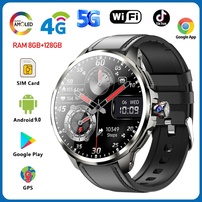 5G Smartwatch with 1.95-Inch HD Display, 720x720 Resolution, 8GB RAM, 128GB Storage, Video Call Capability, Google Play, WiFi, GPS, and SIM Card Support