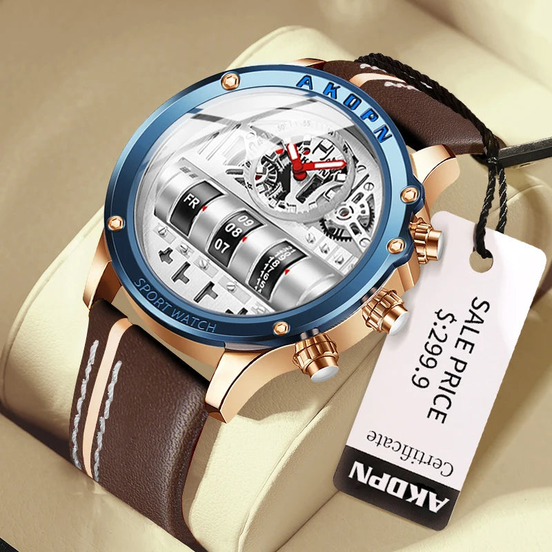 Men's Luxury Electronic Quartz Business Watch with Unique Rotating Date and Leather Strap