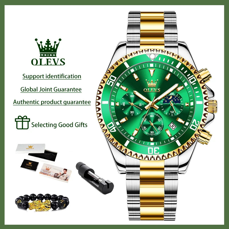 2870 Men's Luxury Chronograph Watch with Moon Phase and Calendar - Original Quartz Steel Timepiece with Large Rotating Dial