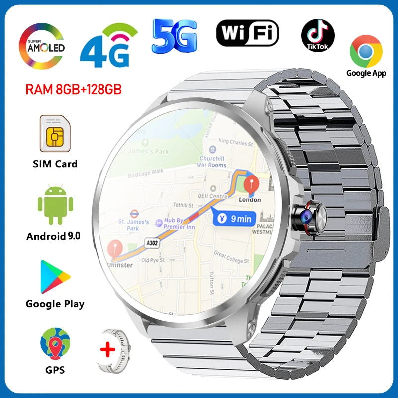 5G Smartwatch with 1.95-Inch HD Display, 720x720 Resolution, 8GB RAM, 128GB Storage, Video Call Capability, Google Play, WiFi, GPS, and SIM Card Support