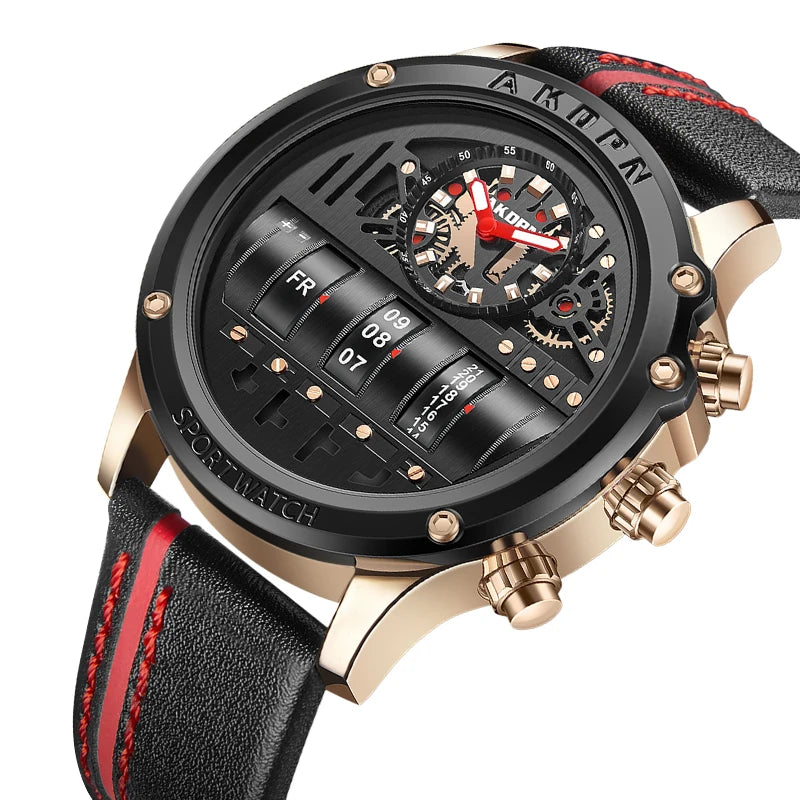 Men's Luxury Electronic Quartz Business Watch with Unique Rotating Date and Leather Strap