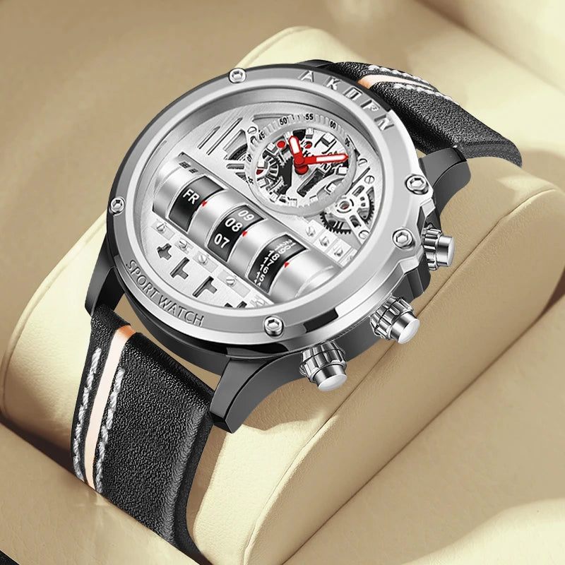 Men's Luxury Electronic Quartz Business Watch with Unique Rotating Date and Leather Strap
