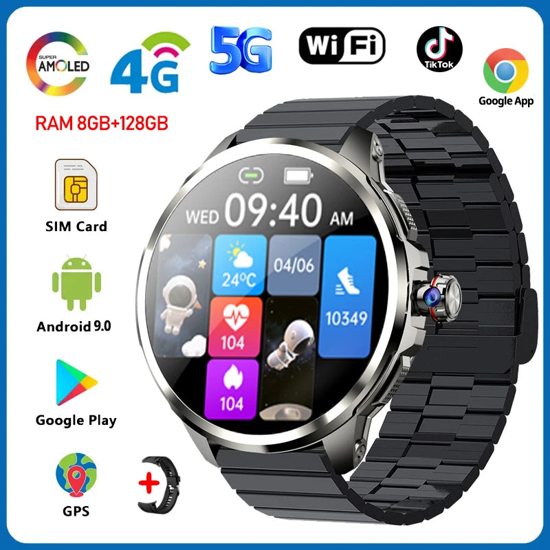 5G Smartwatch with 1.95-Inch HD Display, 720x720 Resolution, 8GB RAM, 128GB Storage, Video Call Capability, Google Play, WiFi, GPS, and SIM Card Support
