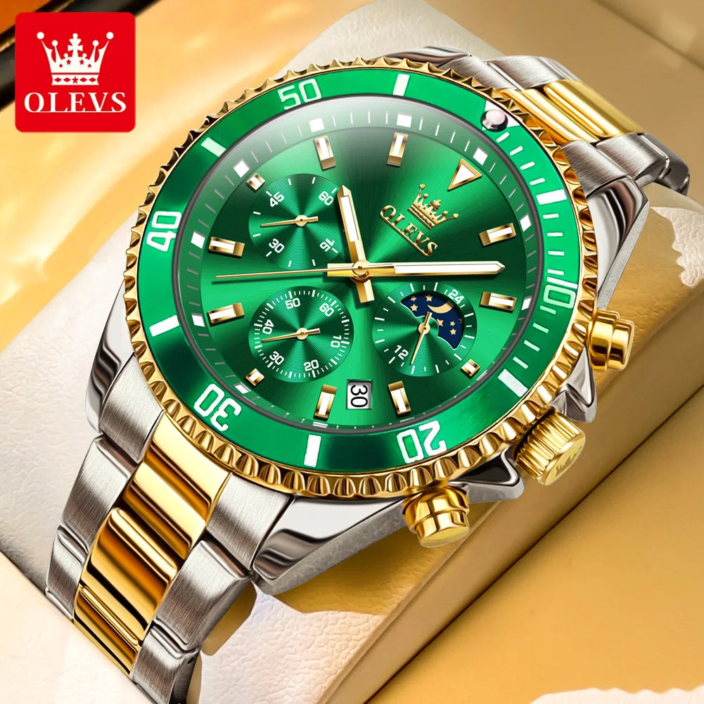 2870 Men's Luxury Chronograph Watch with Moon Phase and Calendar - Original Quartz Steel Timepiece with Large Rotating Dial