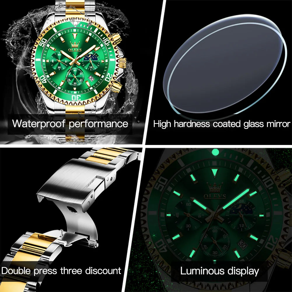 2870 Men's Luxury Chronograph Watch with Moon Phase and Calendar - Original Quartz Steel Timepiece with Large Rotating Dial