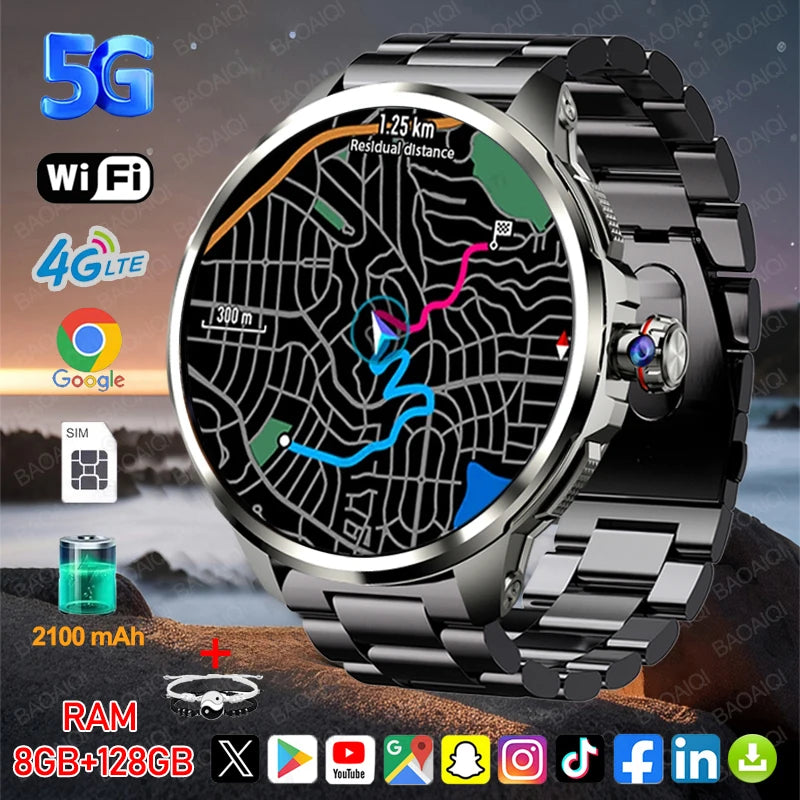 5G Smartwatch with 1.95-Inch HD Display, 720x720 Resolution, 8GB RAM, 128GB Storage, Video Call Capability, Google Play, WiFi, GPS, and SIM Card Support