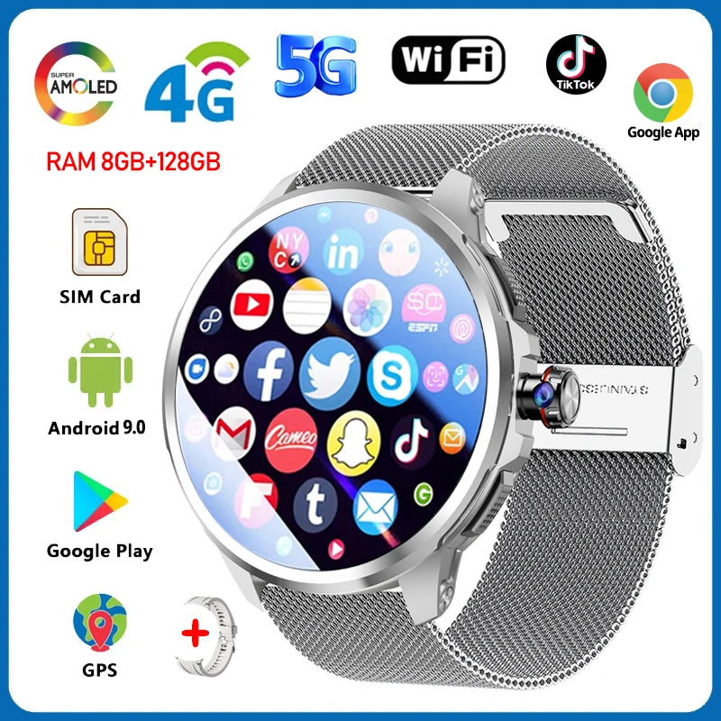 5G Smartwatch with 1.95-Inch HD Display, 720x720 Resolution, 8GB RAM, 128GB Storage, Video Call Capability, Google Play, WiFi, GPS, and SIM Card Support