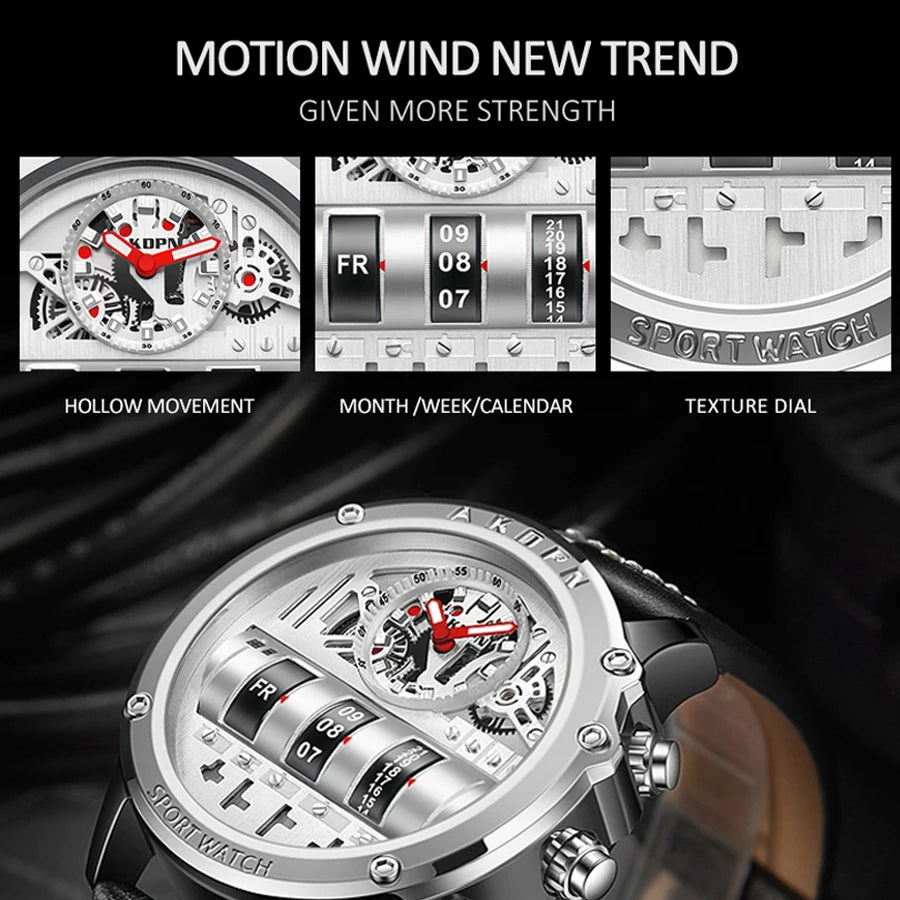 Men's Luxury Electronic Quartz Business Watch with Unique Rotating Date and Leather Strap