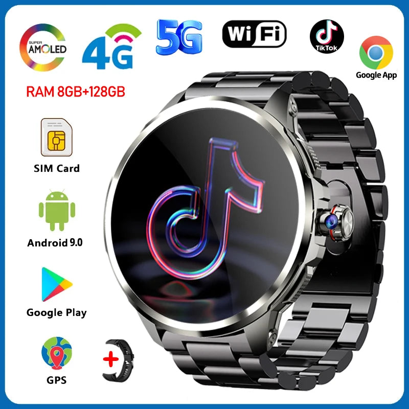 5G Smartwatch with 1.95-Inch HD Display, 720x720 Resolution, 8GB RAM, 128GB Storage, Video Call Capability, Google Play, WiFi, GPS, and SIM Card Support