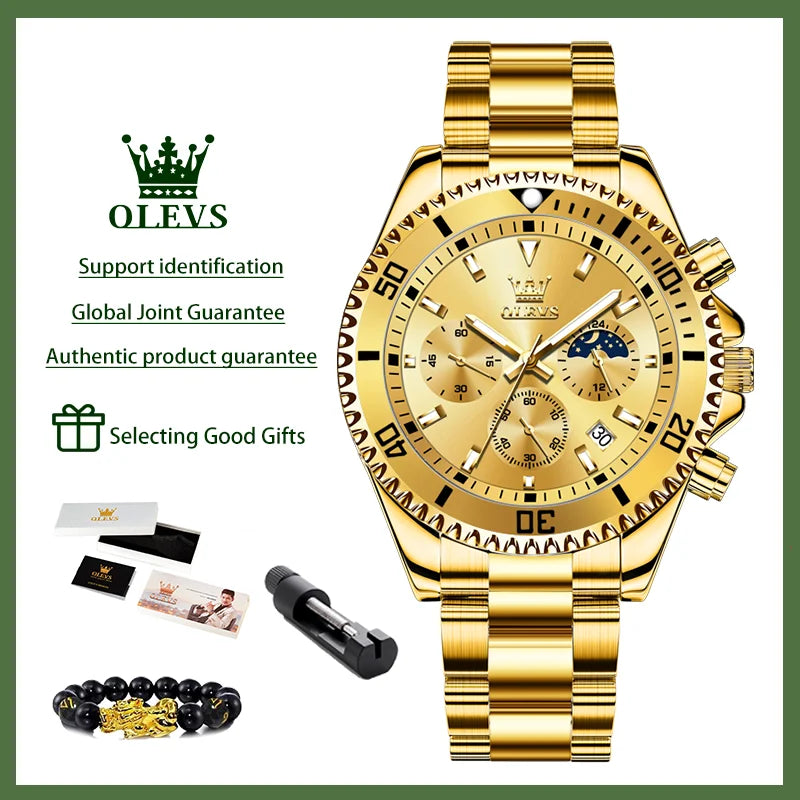 2870 Men's Luxury Chronograph Watch with Moon Phase and Calendar - Original Quartz Steel Timepiece with Large Rotating Dial
