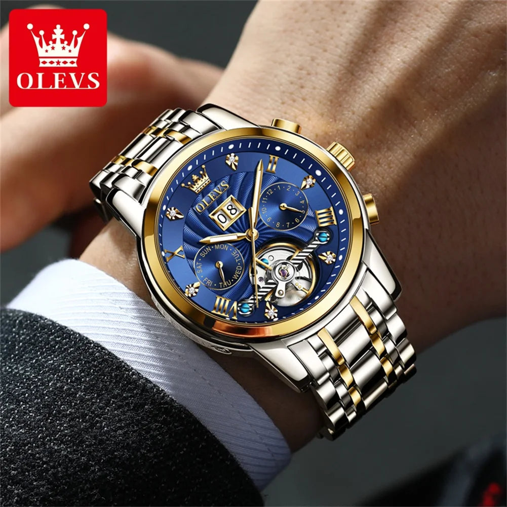 9910 Men's Luxury Automatic Mechanical Watch with Dual Calendar, Waterproof and Luminous Features, Includes Watch Box