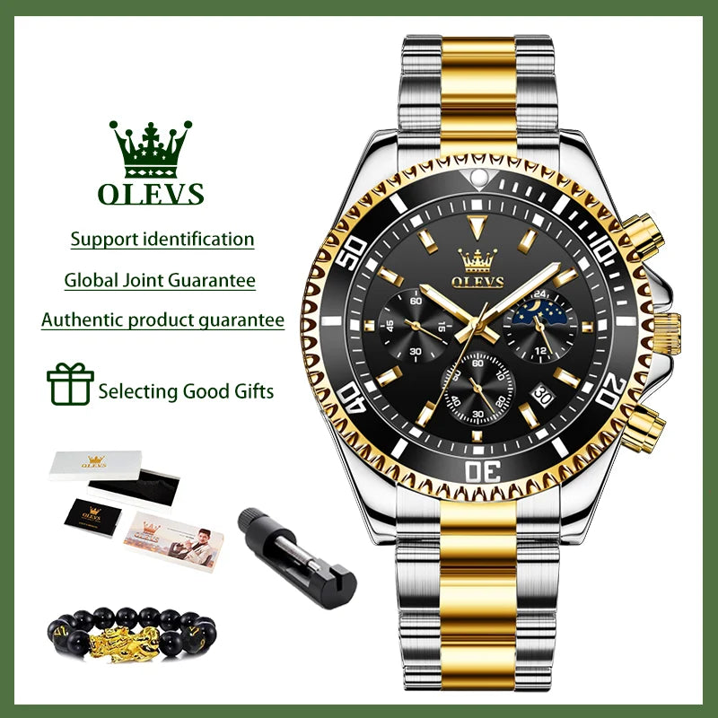2870 Men's Luxury Chronograph Watch with Moon Phase and Calendar - Original Quartz Steel Timepiece with Large Rotating Dial