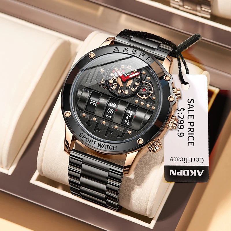 Men's Luxury Electronic Quartz Business Watch with Unique Rotating Date and Leather Strap