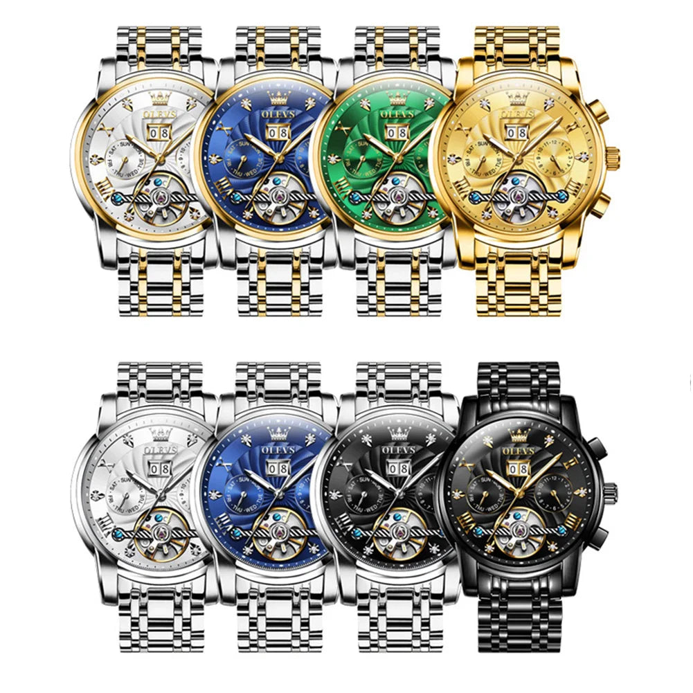 9910 Men's Luxury Automatic Mechanical Watch with Dual Calendar, Waterproof and Luminous Features, Includes Watch Box