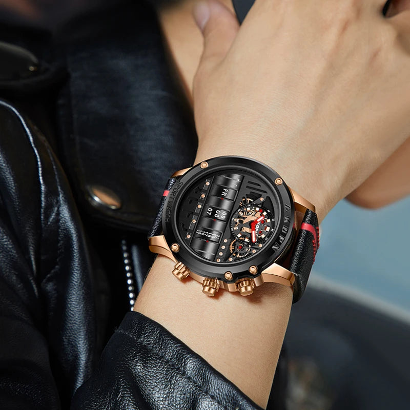 Men's Luxury Electronic Quartz Business Watch with Unique Rotating Date and Leather Strap