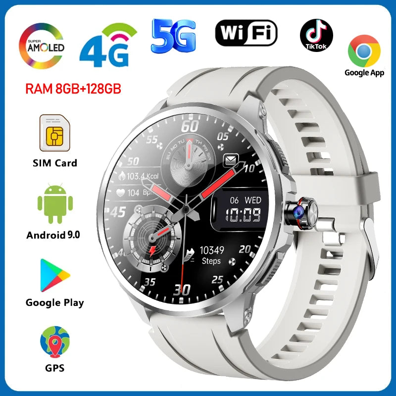 5G Smartwatch with 1.95-Inch HD Display, 720x720 Resolution, 8GB RAM, 128GB Storage, Video Call Capability, Google Play, WiFi, GPS, and SIM Card Support