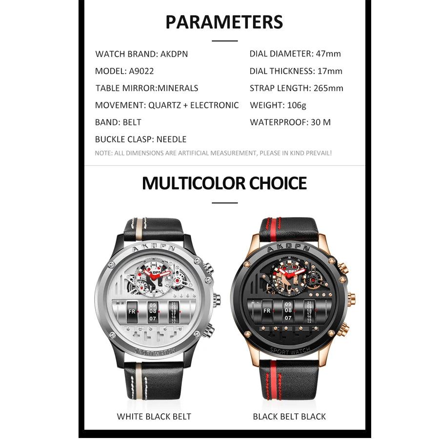 Men's Luxury Electronic Quartz Business Watch with Unique Rotating Date and Leather Strap