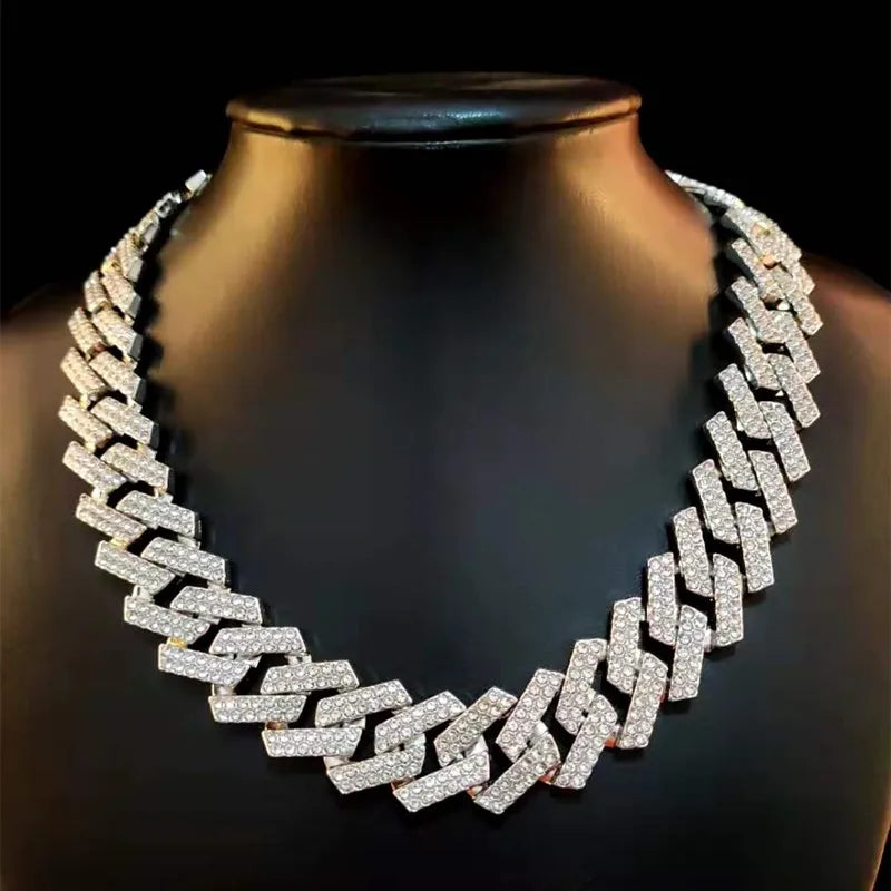 Collar de cadena de Hip Hop de 20mm para hombre, ajuste pavimentado, diamantes de imitación, hip hop masculino, rombos ostentosos, collar de cadenas cubanas, joyería de moda Tu tienda rápida