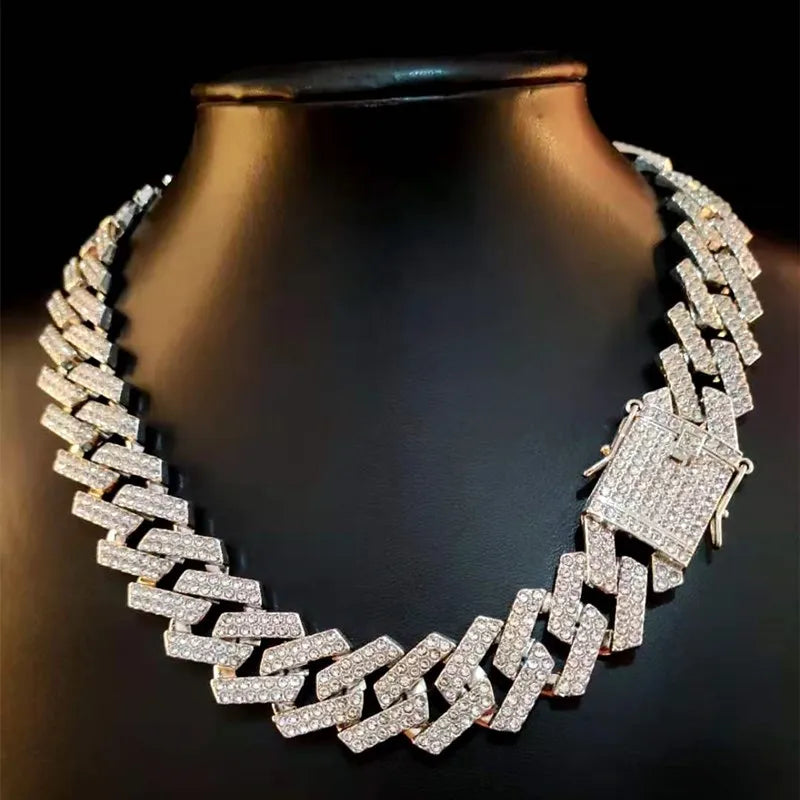 Collar de cadena de Hip Hop de 20mm para hombre, ajuste pavimentado, diamantes de imitación, hip hop masculino, rombos ostentosos, collar de cadenas cubanas, joyería de moda Tu tienda rápida
