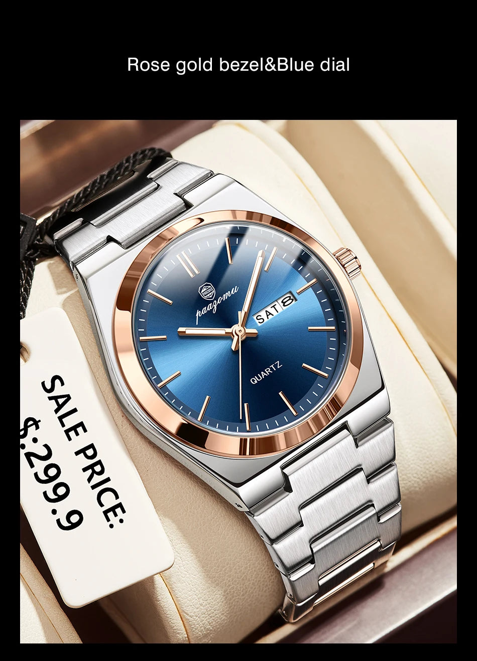 Reloj de pulsera PAAZOMU de cuarzo de lujo para hombre, relojes deportivos para hombre, Reloj luminoso resistente al agua con fecha y semana, Reloj de acero inoxidable para hombre + caja Tu tienda rápida