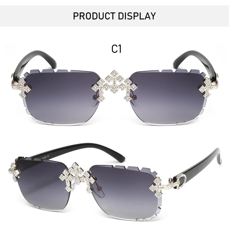 2025 gafas de sol cuadradas sin montura a la moda para mujer, montura de Metal con diamantes cruzados, gafas de lujo con lentes cortados UV400, gafas de sol Tu tienda rápida