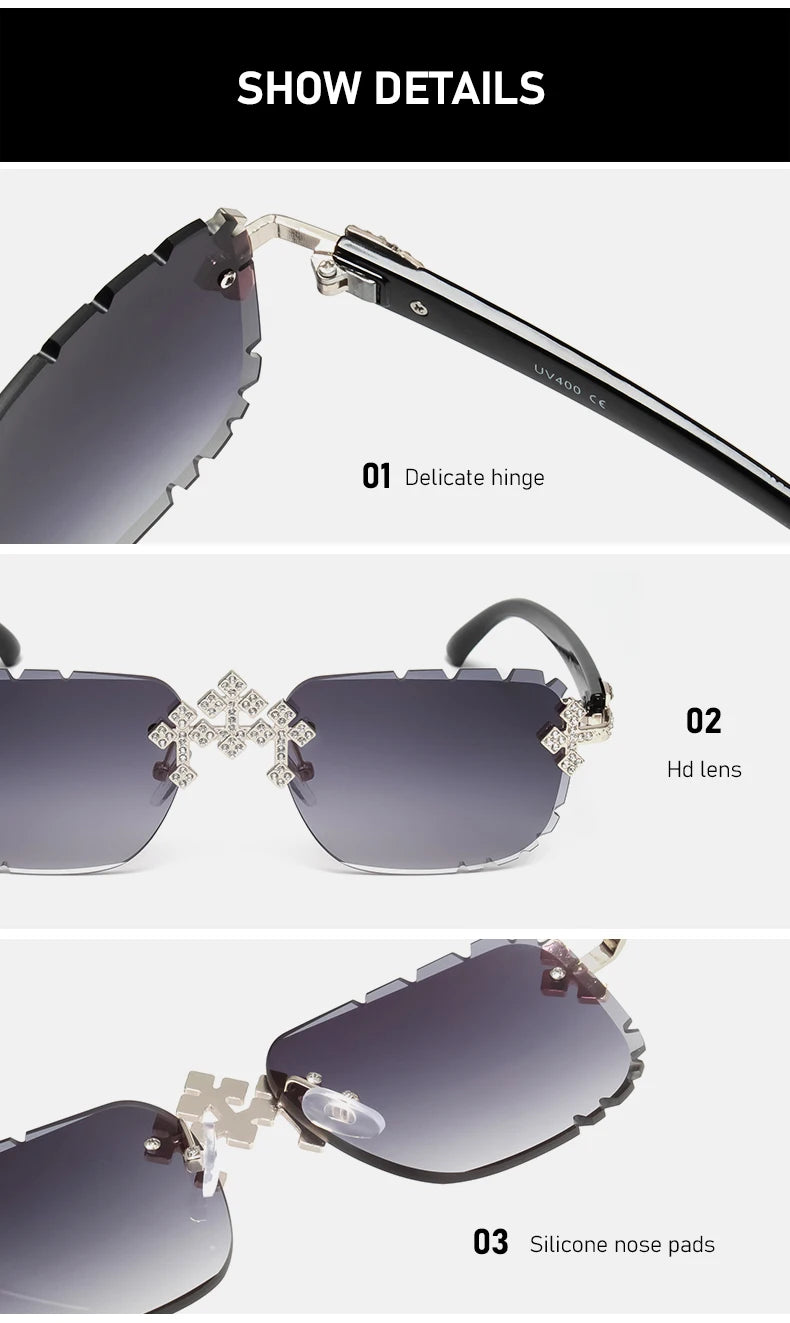 2025 gafas de sol cuadradas sin montura a la moda para mujer, montura de Metal con diamantes cruzados, gafas de lujo con lentes cortados UV400, gafas de sol Tu tienda rápida