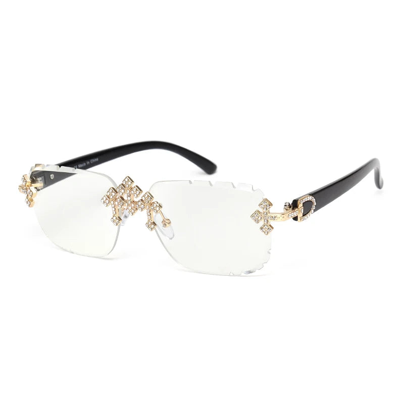 2025 gafas de sol cuadradas sin montura a la moda para mujer, montura de Metal con diamantes cruzados, gafas de lujo con lentes cortados UV400, gafas de sol Tu tienda rápida