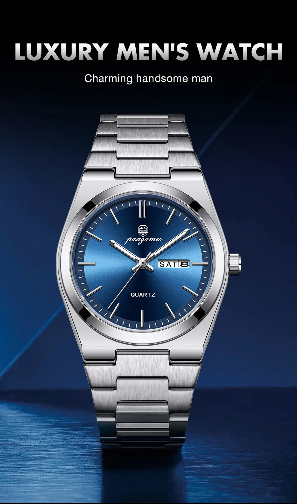 Reloj de pulsera PAAZOMU de cuarzo de lujo para hombre, relojes deportivos para hombre, Reloj luminoso resistente al agua con fecha y semana, Reloj de acero inoxidable para hombre + caja Tu tienda rápida