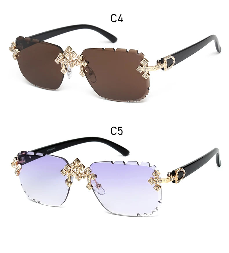 2025 gafas de sol cuadradas sin montura a la moda para mujer, montura de Metal con diamantes cruzados, gafas de lujo con lentes cortados UV400, gafas de sol Tu tienda rápida