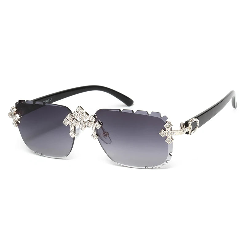 2025 gafas de sol cuadradas sin montura a la moda para mujer, montura de Metal con diamantes cruzados, gafas de lujo con lentes cortados UV400, gafas de sol Tu tienda rápida