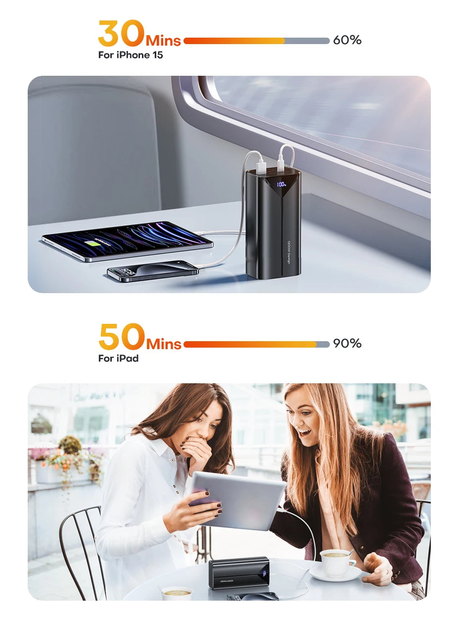 QOOVI-Banco de energía de 30000mah, Cable incorporado de carga rápida de 22,5 W, cargador portátil de batería grande externa para iPhone, Samsung y Xiaomi Tu tienda rápida