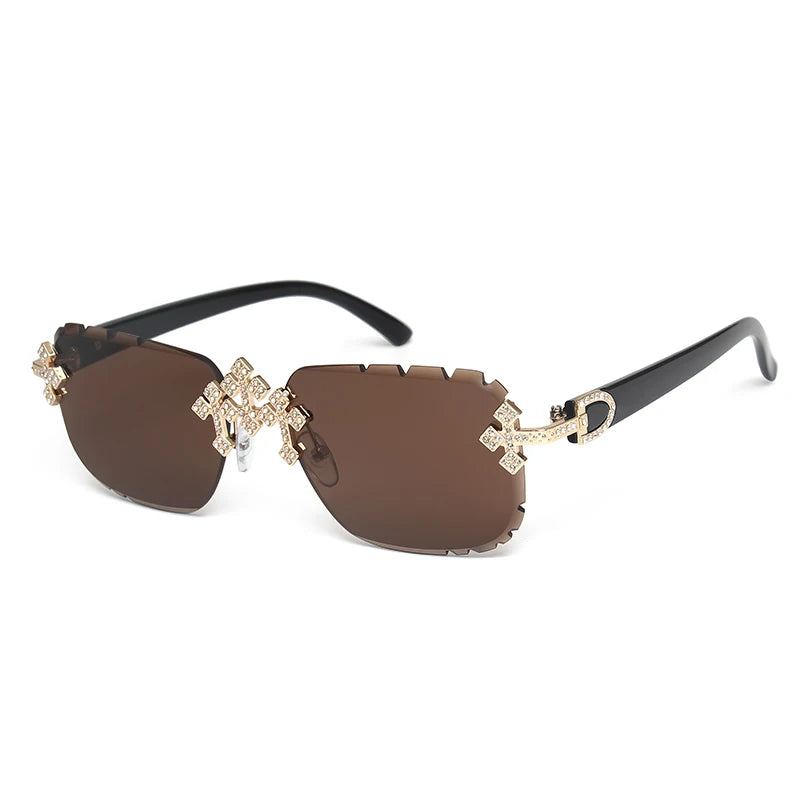 2025 gafas de sol cuadradas sin montura a la moda para mujer, montura de Metal con diamantes cruzados, gafas de lujo con lentes cortados UV400, gafas de sol Tu tienda rápida