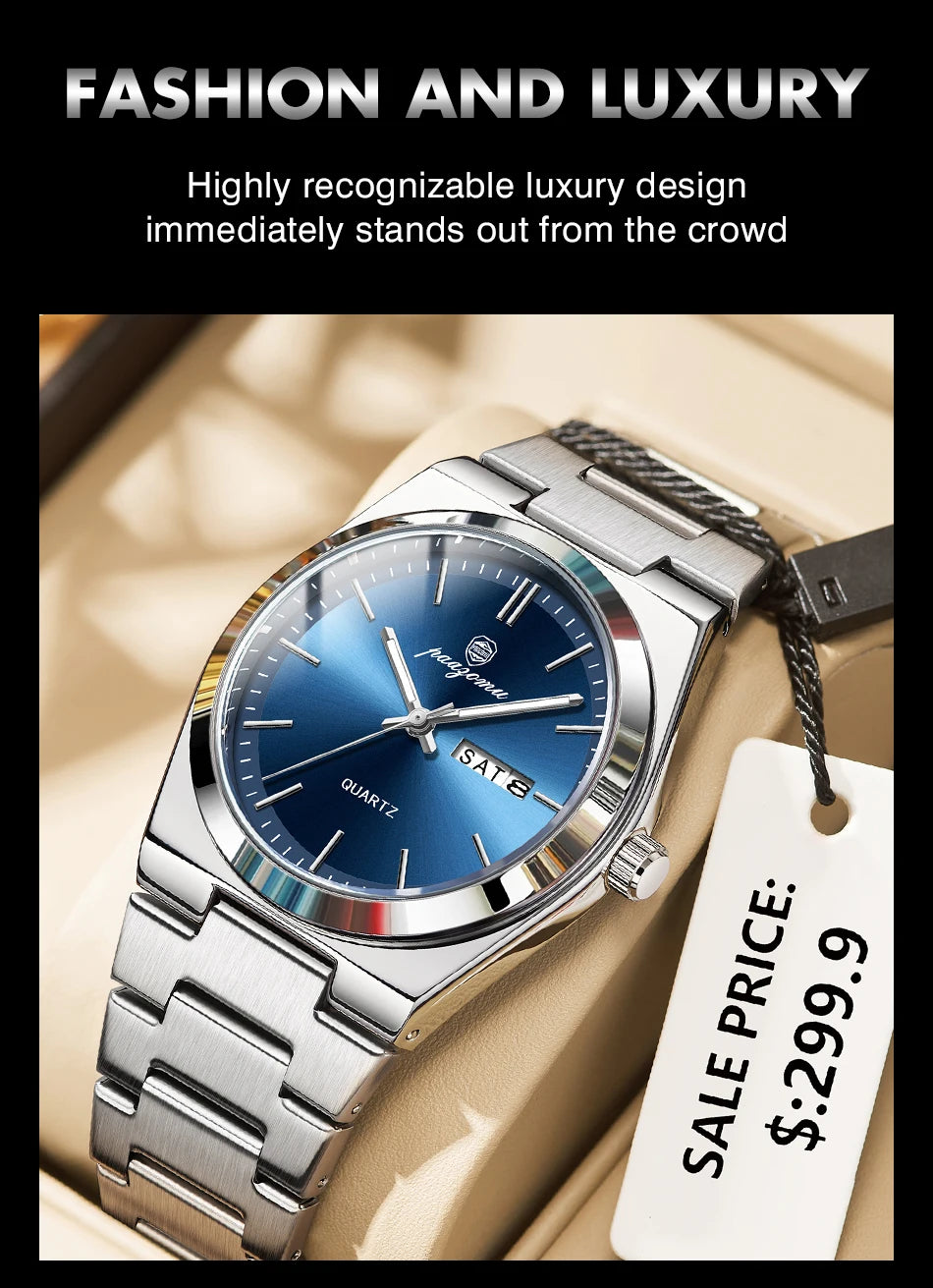 Reloj de pulsera PAAZOMU de cuarzo de lujo para hombre, relojes deportivos para hombre, Reloj luminoso resistente al agua con fecha y semana, Reloj de acero inoxidable para hombre + caja Tu tienda rápida