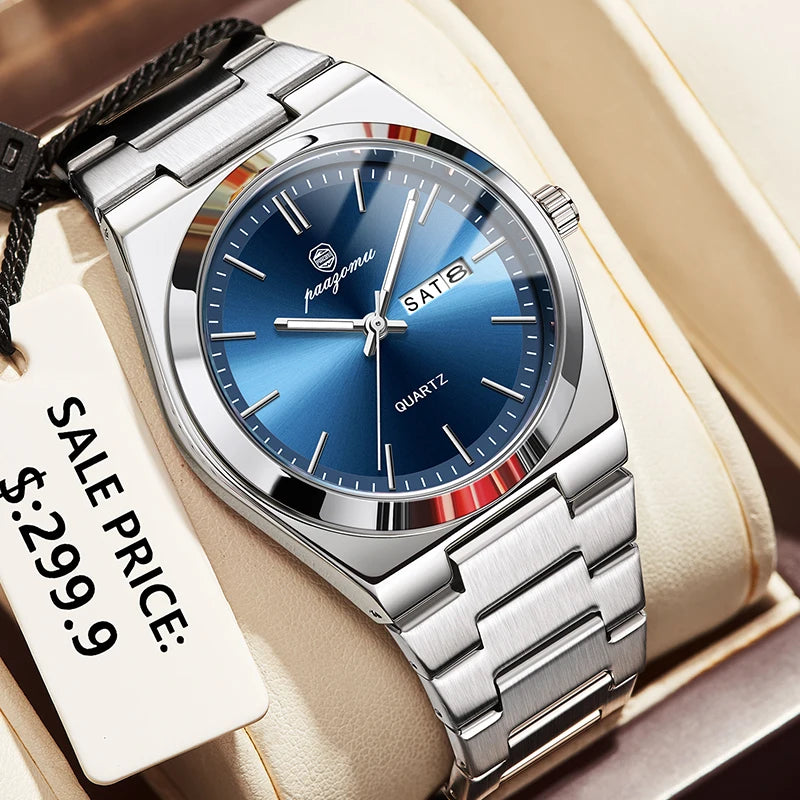 Reloj de pulsera PAAZOMU de cuarzo de lujo para hombre, relojes deportivos para hombre, Reloj luminoso resistente al agua con fecha y semana, Reloj de acero inoxidable para hombre + caja Tu tienda rápida