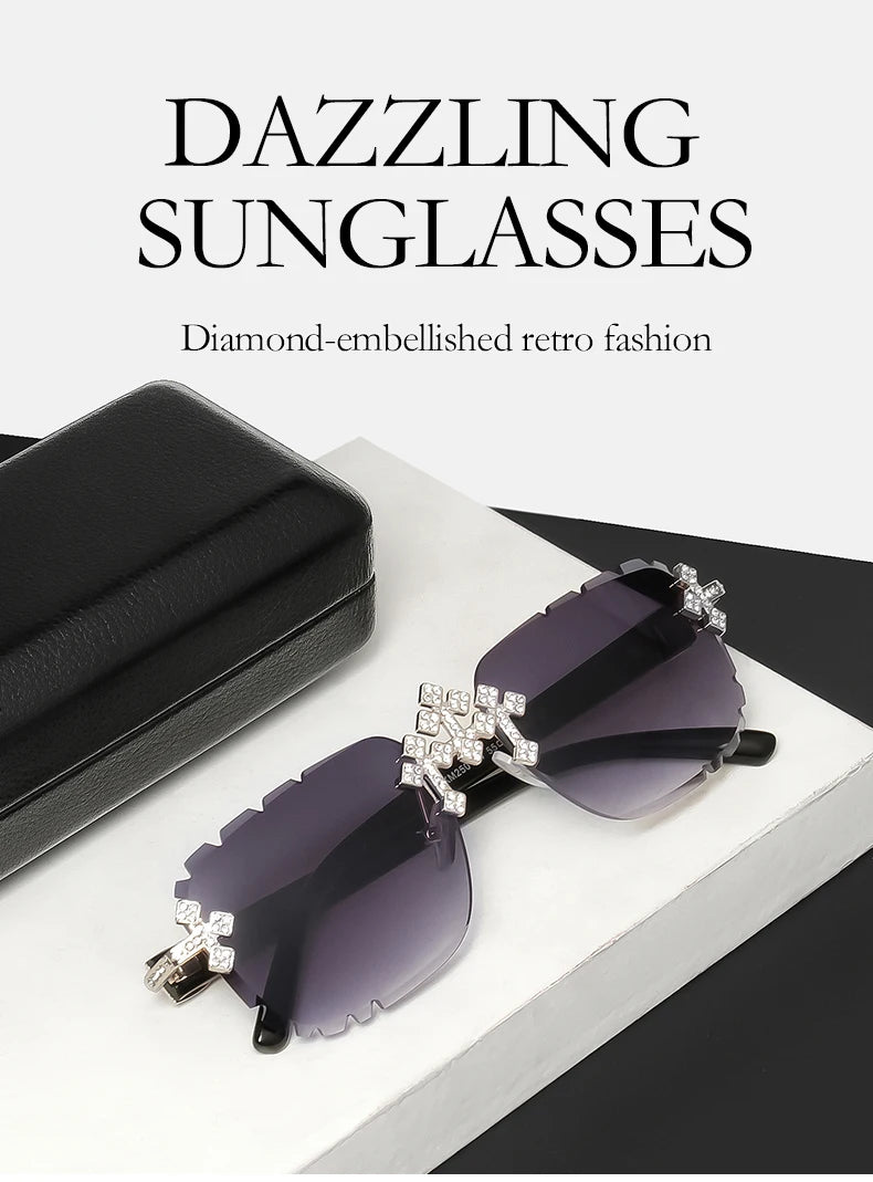 2025 gafas de sol cuadradas sin montura a la moda para mujer, montura de Metal con diamantes cruzados, gafas de lujo con lentes cortados UV400, gafas de sol Tu tienda rápida