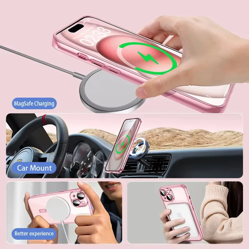 Funda de silicona ultrafina con revestimiento transparente para iPhone 16 15 14 13 12 11 Pro Max 16 Plus Magsafe película de lente magnética cubierta protectora rosa Tu tienda rápida