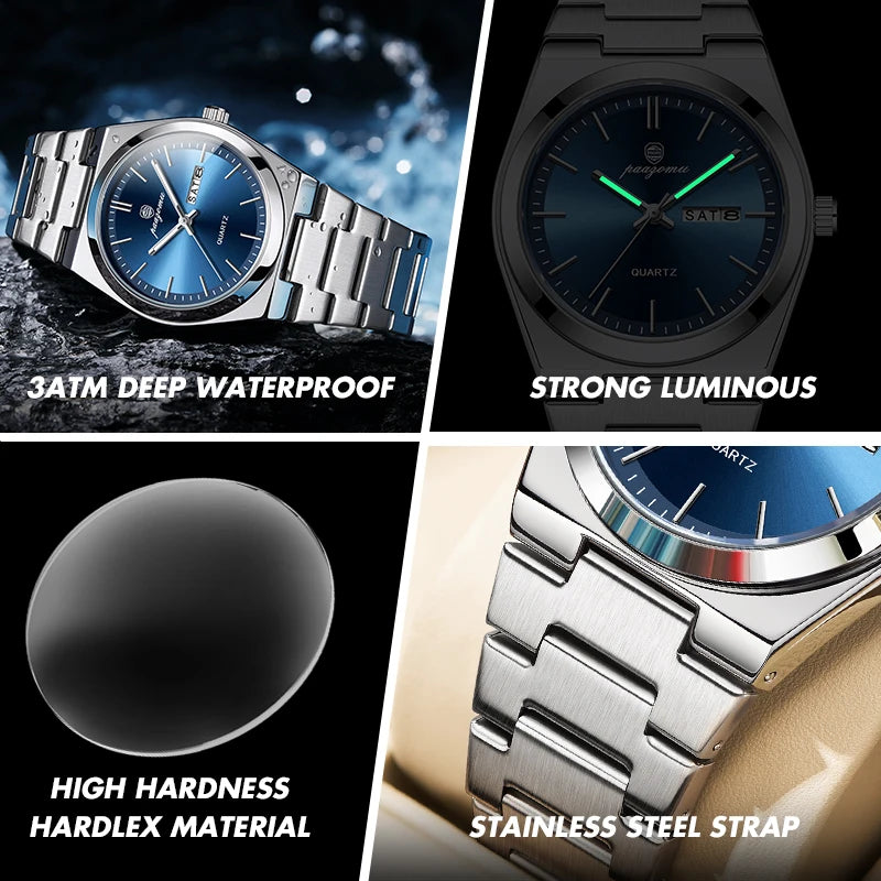 Reloj de pulsera PAAZOMU de cuarzo de lujo para hombre, relojes deportivos para hombre, Reloj luminoso resistente al agua con fecha y semana, Reloj de acero inoxidable para hombre + caja Tu tienda rápida
