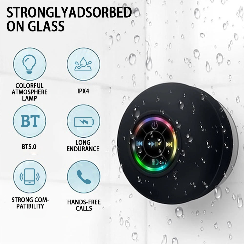 Altavoz portátil inalámbrico con Bluetooth, luz LED IPX4, resistente al agua, para exteriores, baño, ventosa grande, caja de sonido estéreo Tu tienda rápida