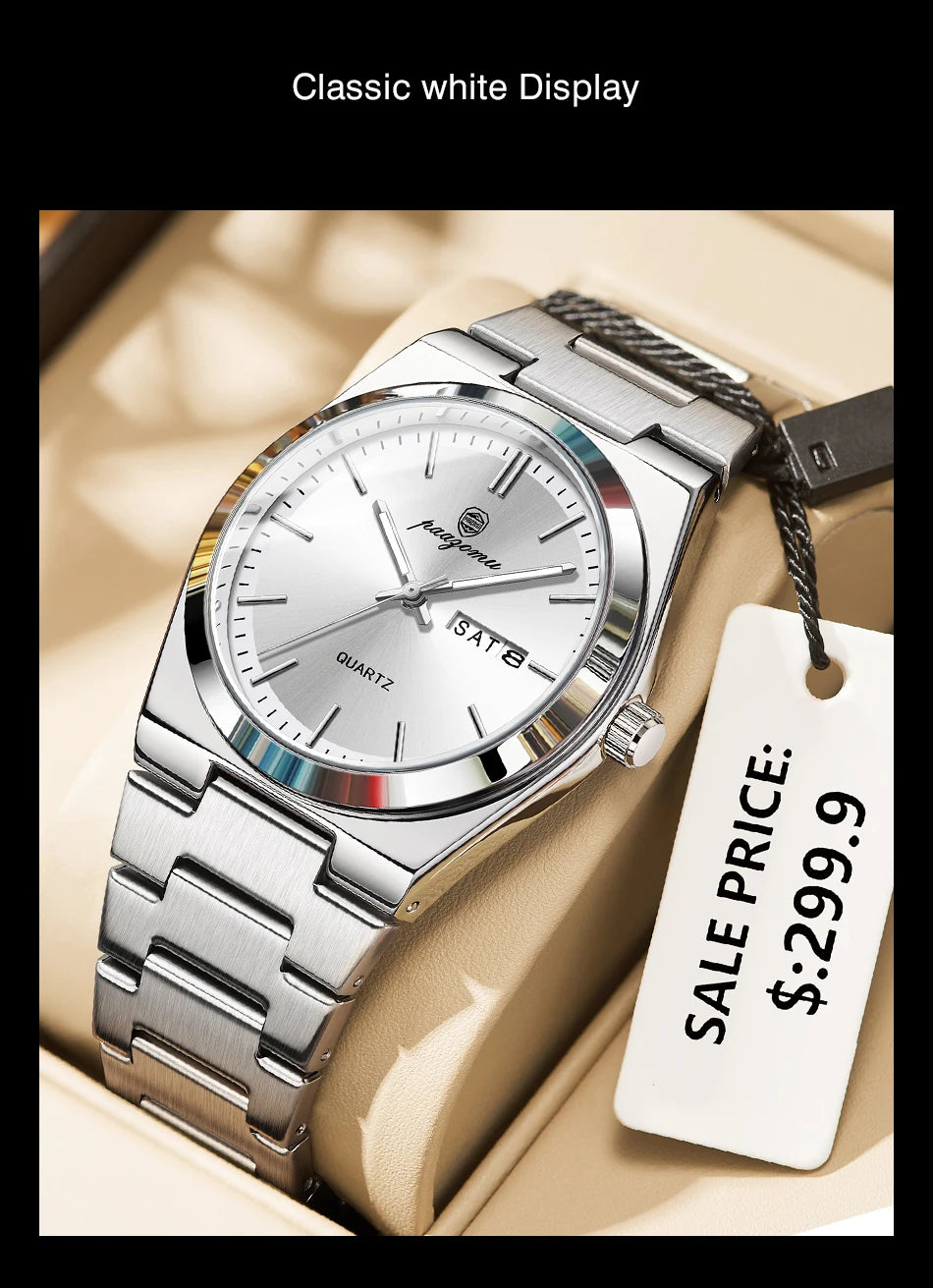 Reloj de pulsera PAAZOMU de cuarzo de lujo para hombre, relojes deportivos para hombre, Reloj luminoso resistente al agua con fecha y semana, Reloj de acero inoxidable para hombre + caja Tu tienda rápida