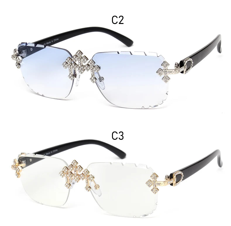 2025 gafas de sol cuadradas sin montura a la moda para mujer, montura de Metal con diamantes cruzados, gafas de lujo con lentes cortados UV400, gafas de sol Tu tienda rápida