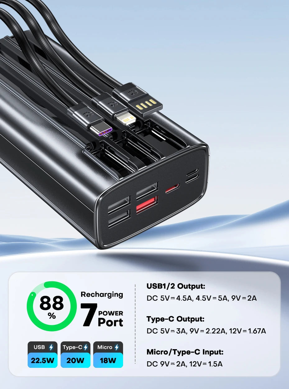 QOOVI-Banco de energía de 30000mah, Cable incorporado de carga rápida de 22,5 W, cargador portátil de batería grande externa para iPhone, Samsung y Xiaomi Tu tienda rápida