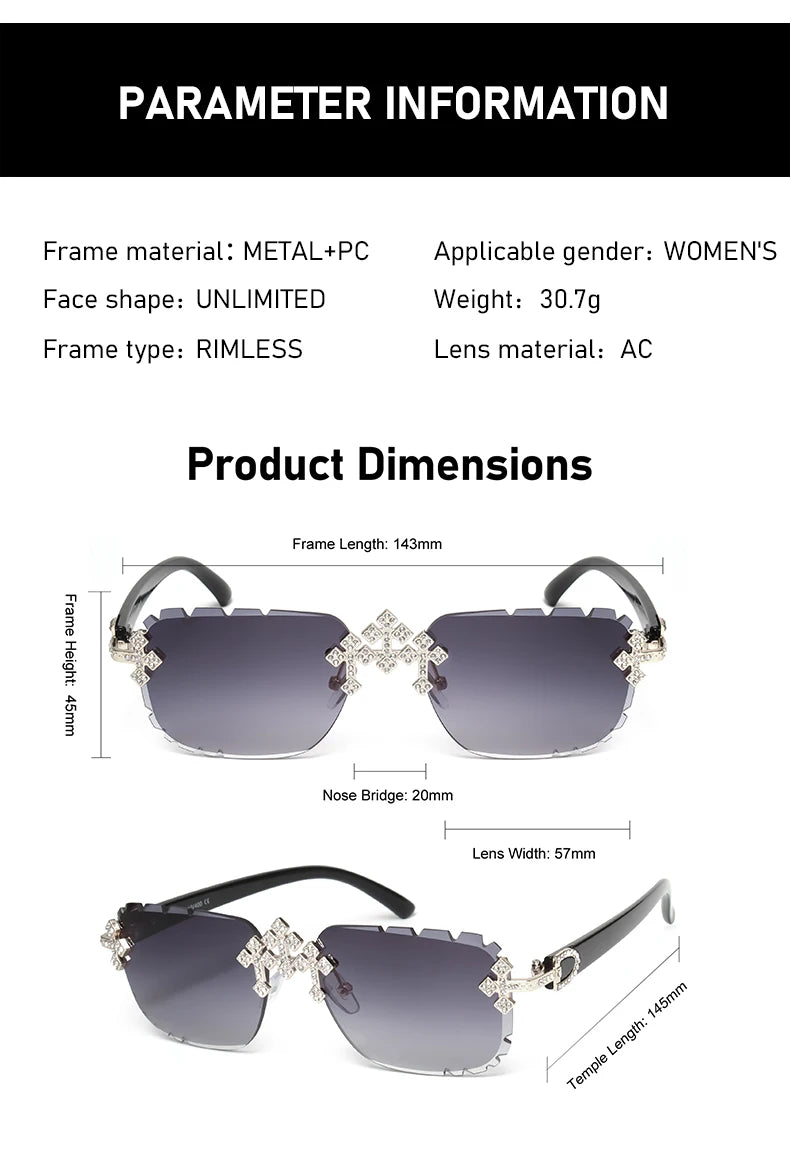 2025 gafas de sol cuadradas sin montura a la moda para mujer, montura de Metal con diamantes cruzados, gafas de lujo con lentes cortados UV400, gafas de sol Tu tienda rápida